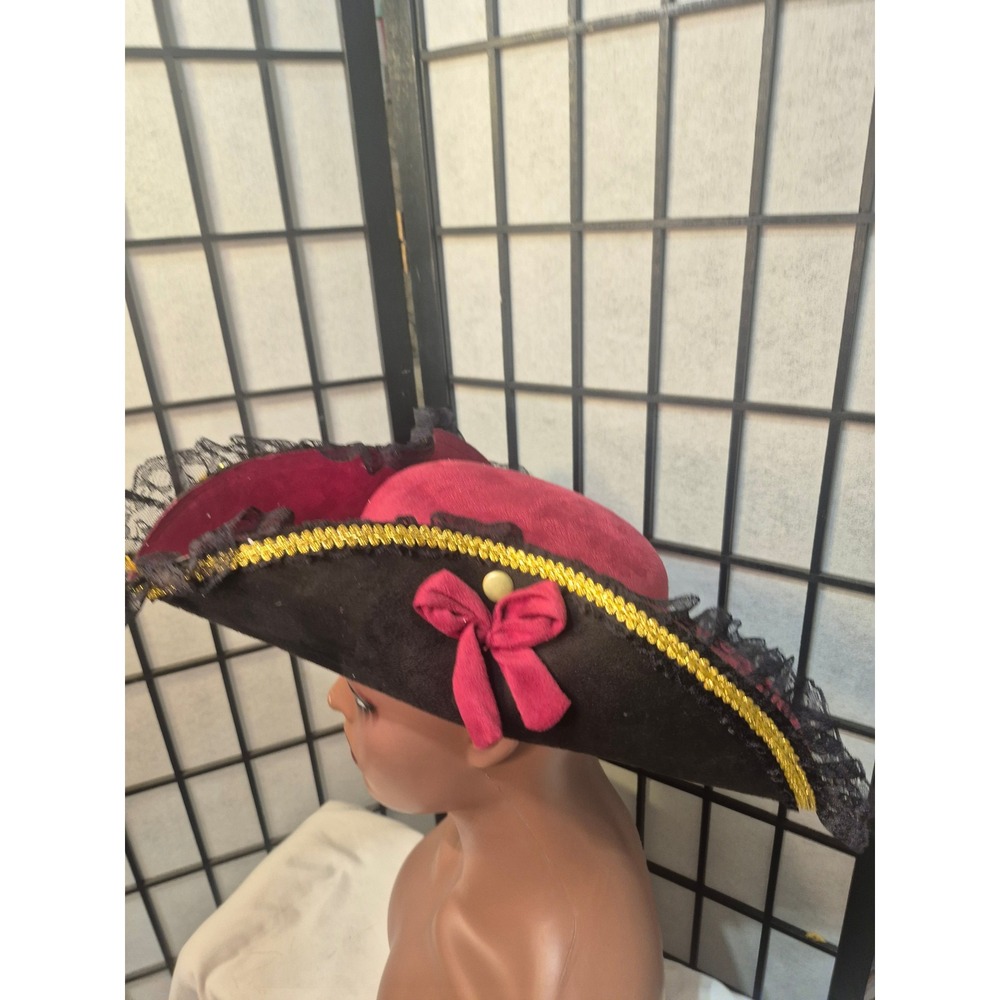 Burgundy Black Tricorn Pirate Hat Lace Gold Trim Renaissance Cosplay Costume